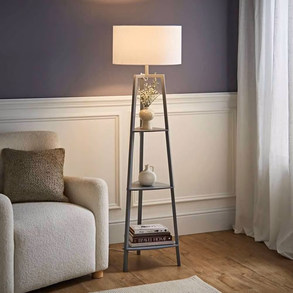 ValueLights Hiru Grey 3 Tier Shelf Floor Lamp with White Fabric Drum Shade and Bulb Included – 2