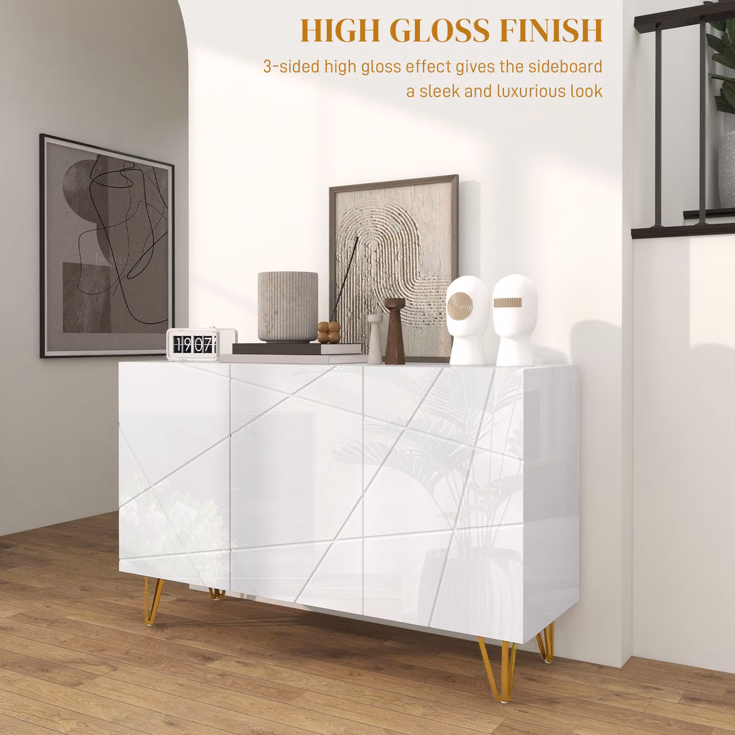 HOMCOM White High Gloss Storage Cabinet with Adjustable Shelves and Gold Tone Hairpin Legs – 3