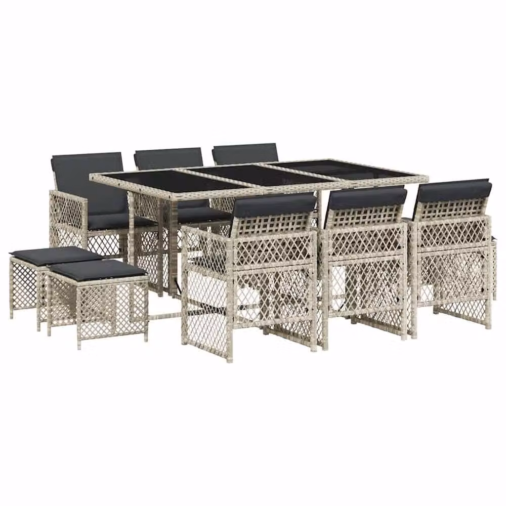 Berkfield Home 11 Piece Modern Grey Poly Rattan Garden Dining Set with Glass Table and Cushions – 2