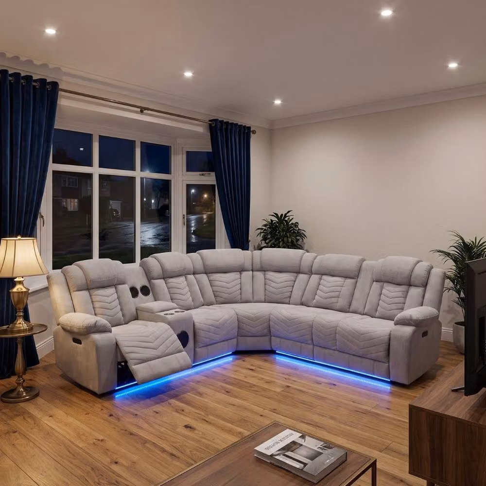 HOME LUXE INTERIOR Rico Grey Fabric Electric Recliner Corner Sofa with LED Lighting, Bluetooth, USB Charging and Cup Holders – 2