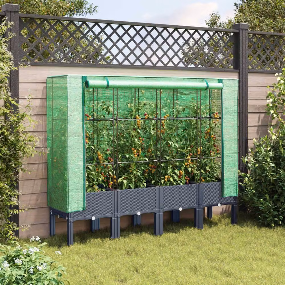 Berkfield Home Raised Bed with Greenhouse Cover in Black Rattan Look, W/D/H: 160 x 40 x 140 cm – 2