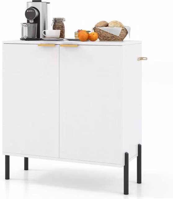 Costway Modern White 2-Door Buffet Cabinet with Hinged Doors and Metal Details
