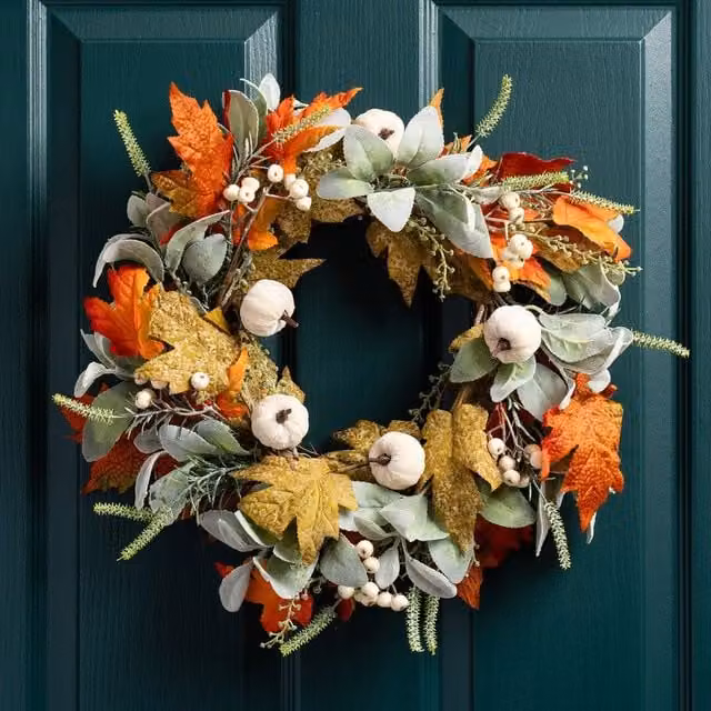 Scottish Everlastings Ltd Pumpkin Wreath in Green and Orange, Diameter: 45 cm