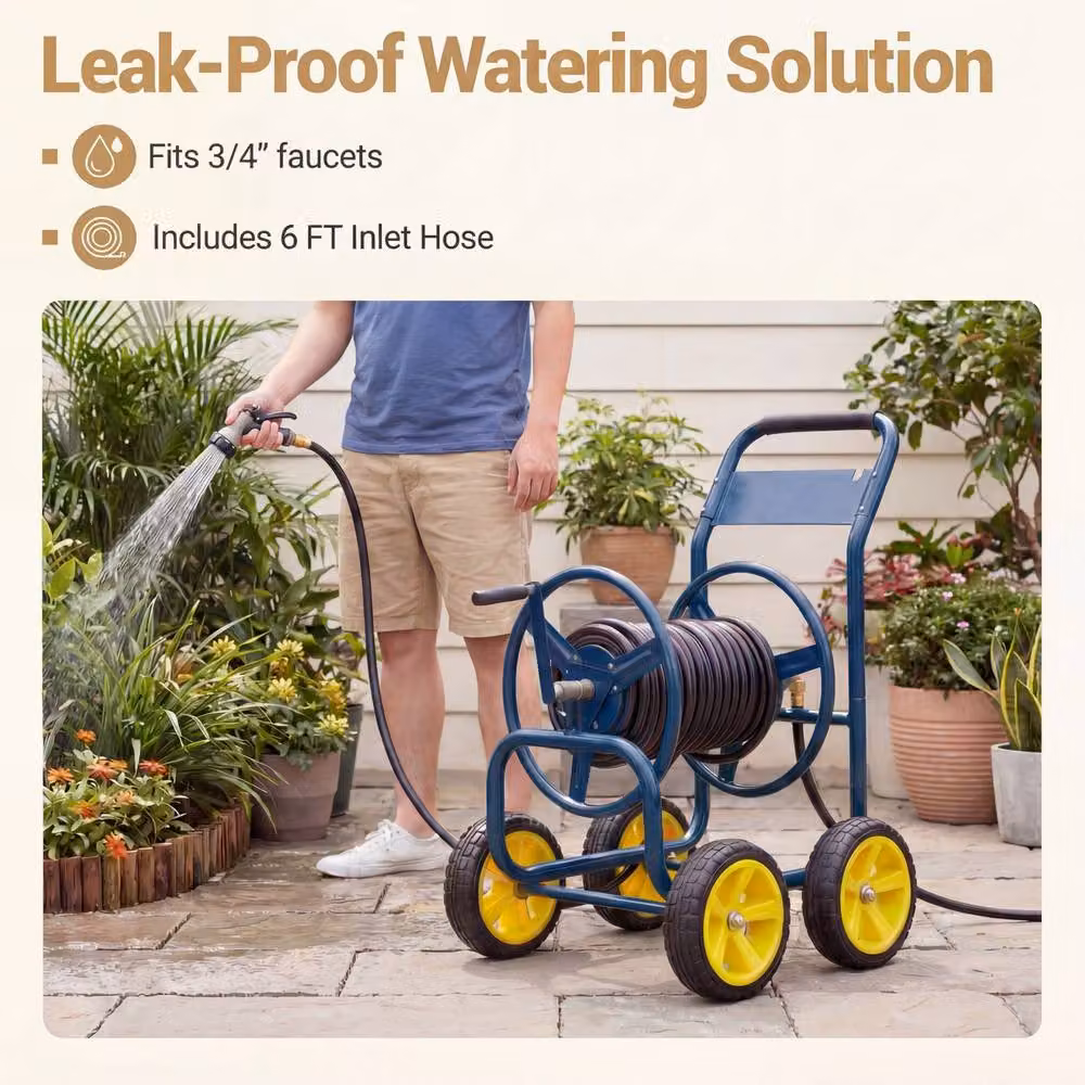 Costway 4-Wheel Garden Hose Reel Cart, Powder-Coated Metal Water Hose Organiser in Blue – 10