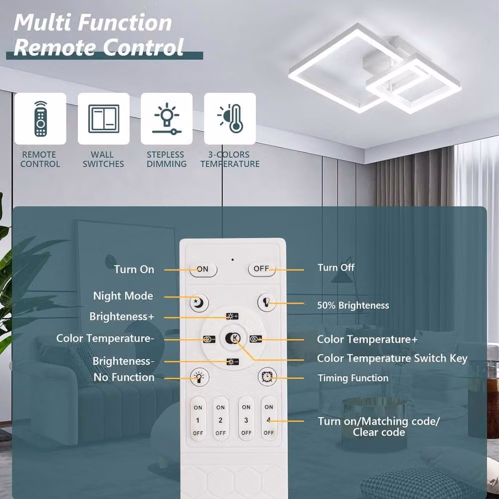 Goeco Modern Square LED Ceiling Light in White with Remote Control and Dimmable Function – 3