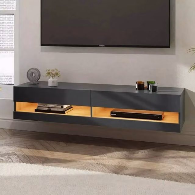 FORGEVIO Minimalist Wall Mounted TV Media Entertainment Unit with Integrated LED Lighting in Grey Anthracite Matt, W: 180 cm, D: 30 cm – 1