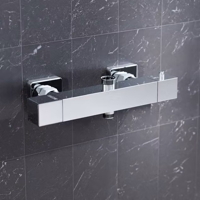 Nes Home Square Chrome Thermostatic Double Outlet Wall Mounted Shower Bar Valve in Silver – 1
