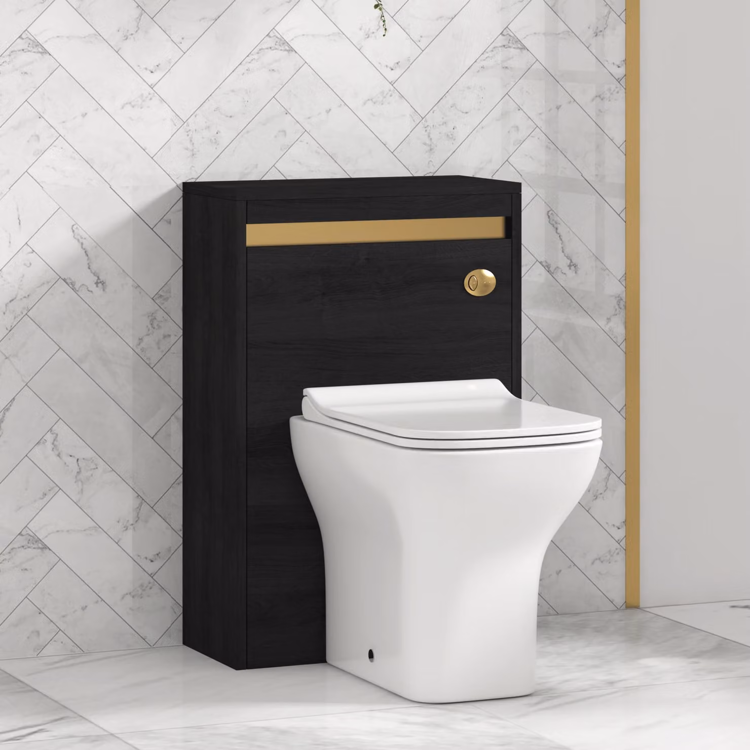 Orion Hale Black BTW WC Unit with Qubix Rimless Toilet Pan, Slim Soft Close Seat and Cistern in White with Brushed Brass Accent Trim, Width: 54 cm