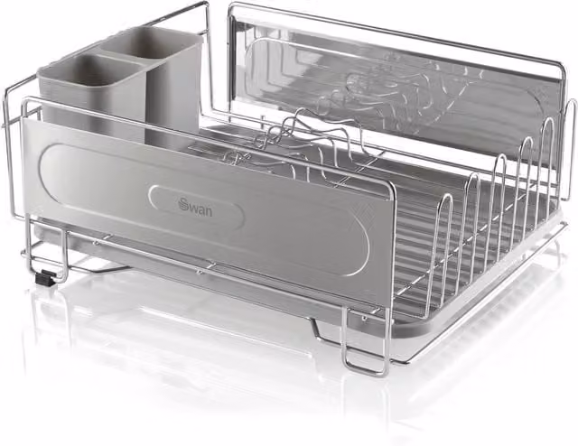 Swan Grey Metal Rectangular Dish Rack with Cutlery Holder, Cup Holder and Drip Tray