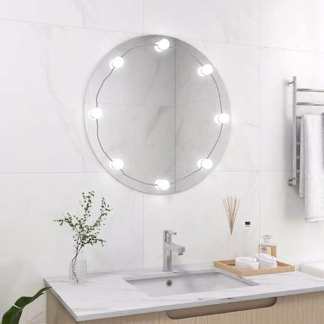 Berkfield Home Round LED Wall Mirror in Silver, W/D/H: 70 x 70 x 14 cm