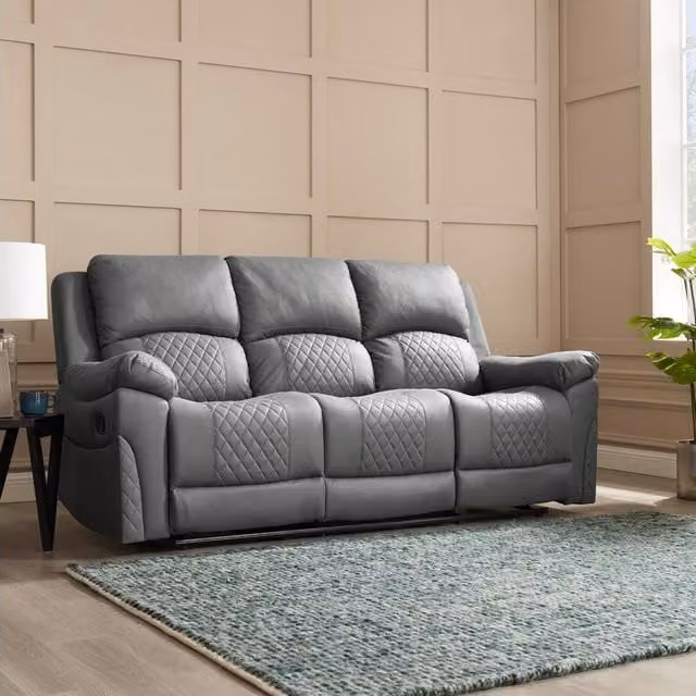 GRS Reed 3-Seater Manual Recliner Sofa in Dark Grey Faux Leather with Cup Holders and Sleeping Function