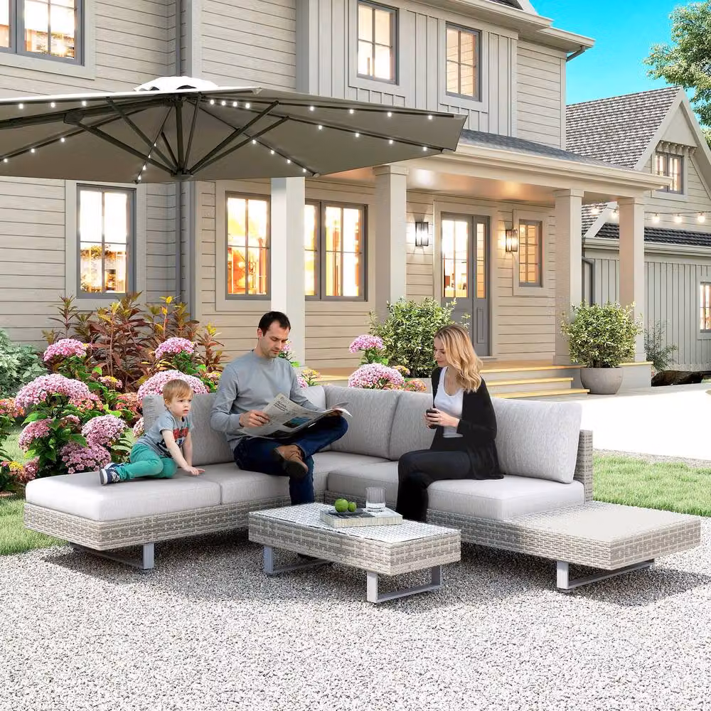 ERGOVEXA Three-Piece L-Shape Rattan Garden Sofa Set with Cushions and Coffee Table, Grey – 4