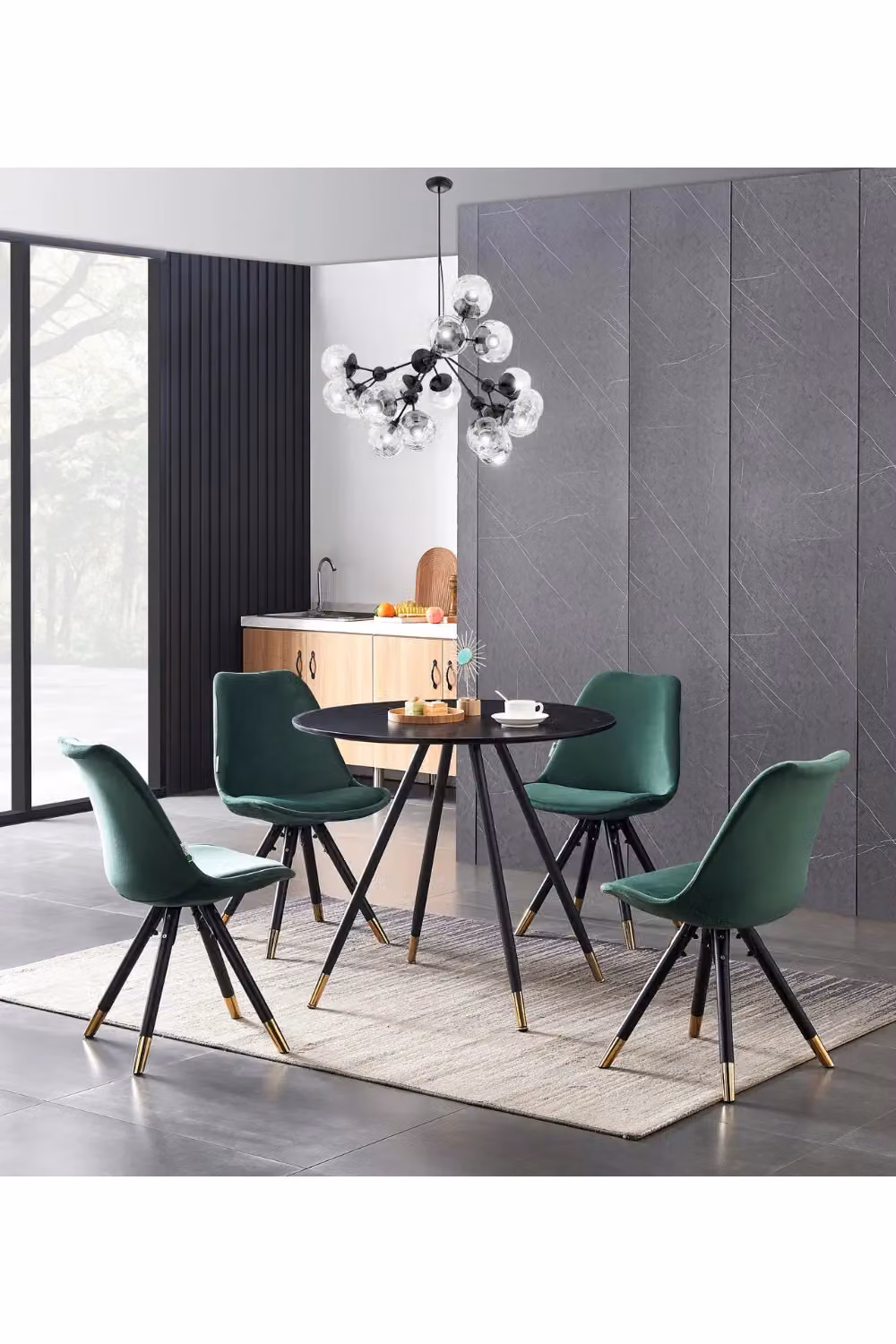 Life Interiors Set of 4 Sofia Ergonomic Modern Dining Chairs Upholstered in Green Velvet with Gold Metal Legs – 4