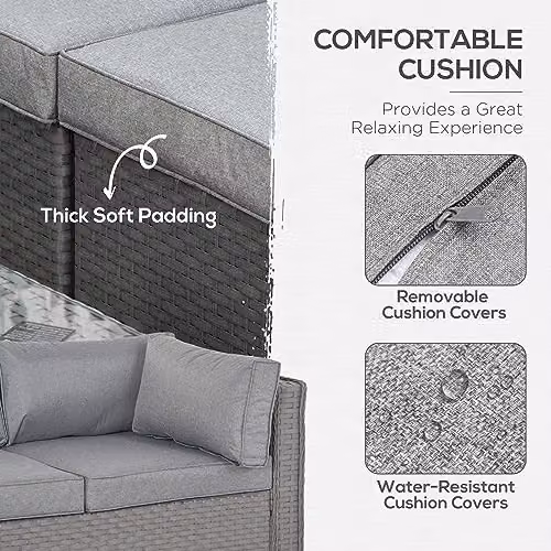 Outsunny 6 Piece Grey PE Rattan Corner Sofa Set with Upholstered Cushions, Coffee Table and Ottoman, Powder Coated Aluminium Frame – 5