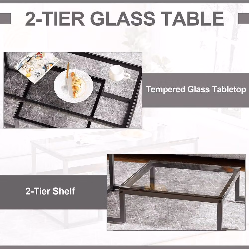 Huhote 2-Tier Modern Geometric Coffee Table with Grey Glass and Black Metal Frame, W: 100 cm, D: 48 cm, H: 45 cm – 8