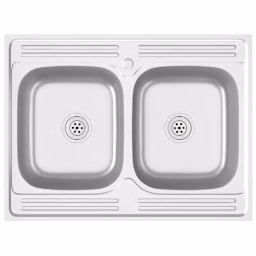 vidaXL Stainless Steel Kitchen Sink with Double Basins, Silver, W: 80 cm, D: 60 cm, H: 15.5 cm – 1
