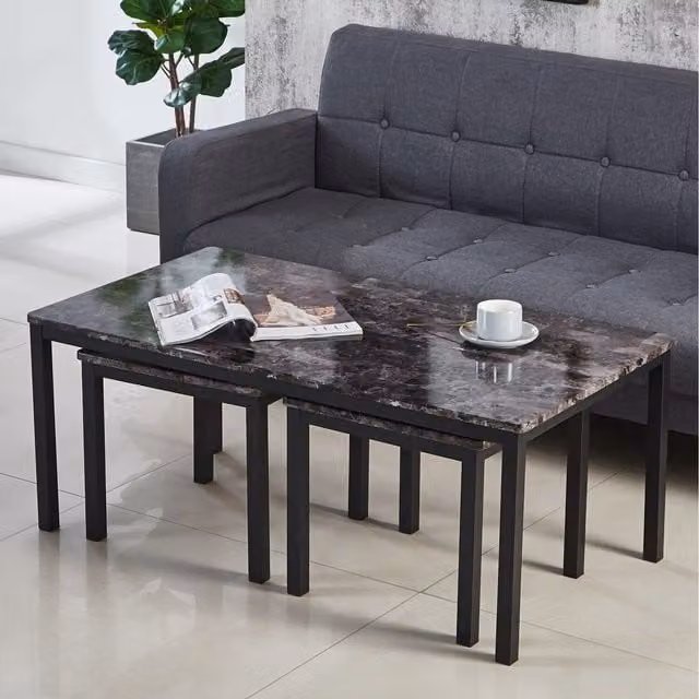 Modernique Grey Marble Effect Coffee Table with Nested Tops and Glossy Finish