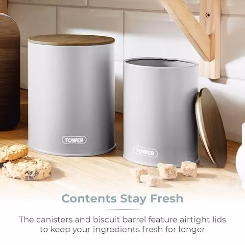 Tower Scandi 5 Piece Airtight Storage Set with Bread Bin, Biscuit Barrel and 3 Canisters, Grey – 4