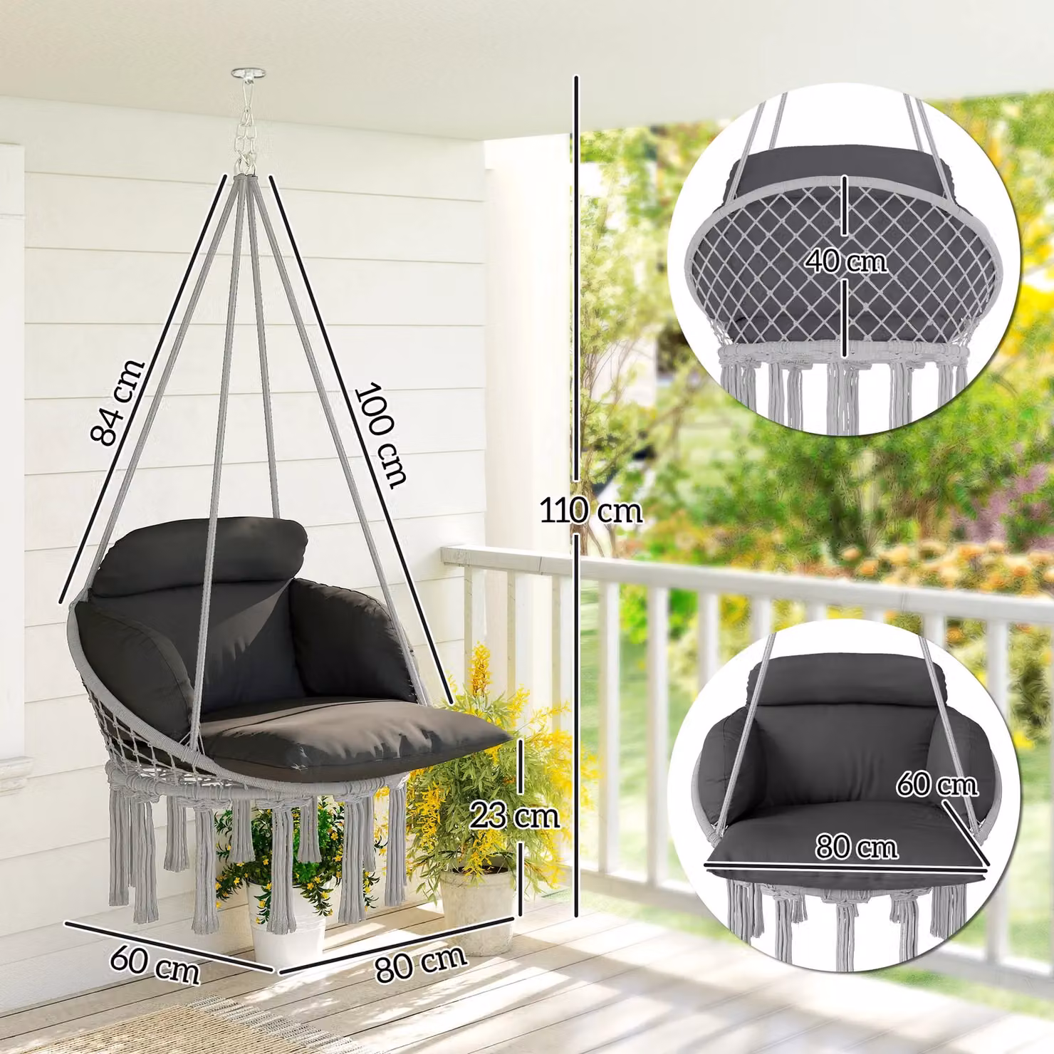 OUTSUNNY Boho Hanging Egg Hammock Chair with Weatherproof Cushion, Dark Grey – 3