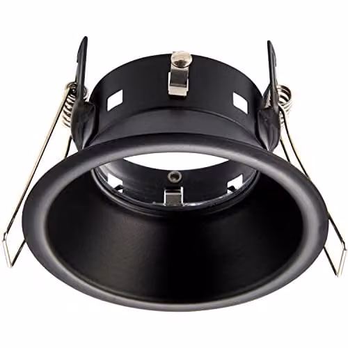 Loops Anti-Glare Recessed Bathroom Downlight, Matt Black Metal and Transparent Glass, IP65 Rated, Dimmable, Fits 75mm Hole