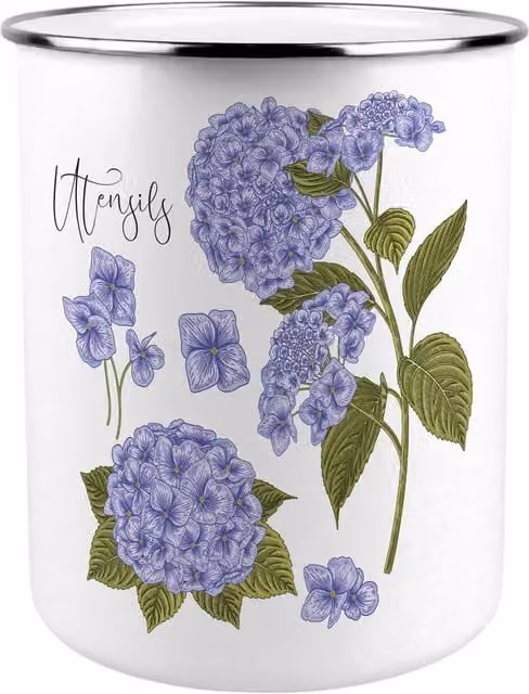 Purely Home Purple and White Hydrangeas Metal Kitchen Utensil Holder