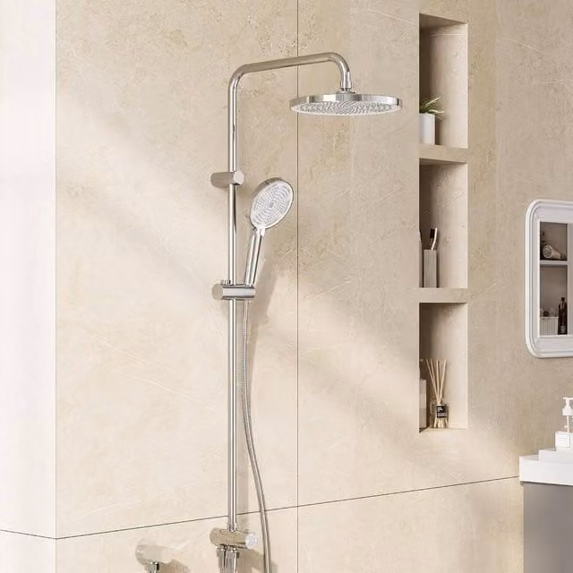 London Boutique Silver Height Adjustable Shower Riser Rail Kit with Rainfall Overhead Shower and Hand Shower in Chrome Finish