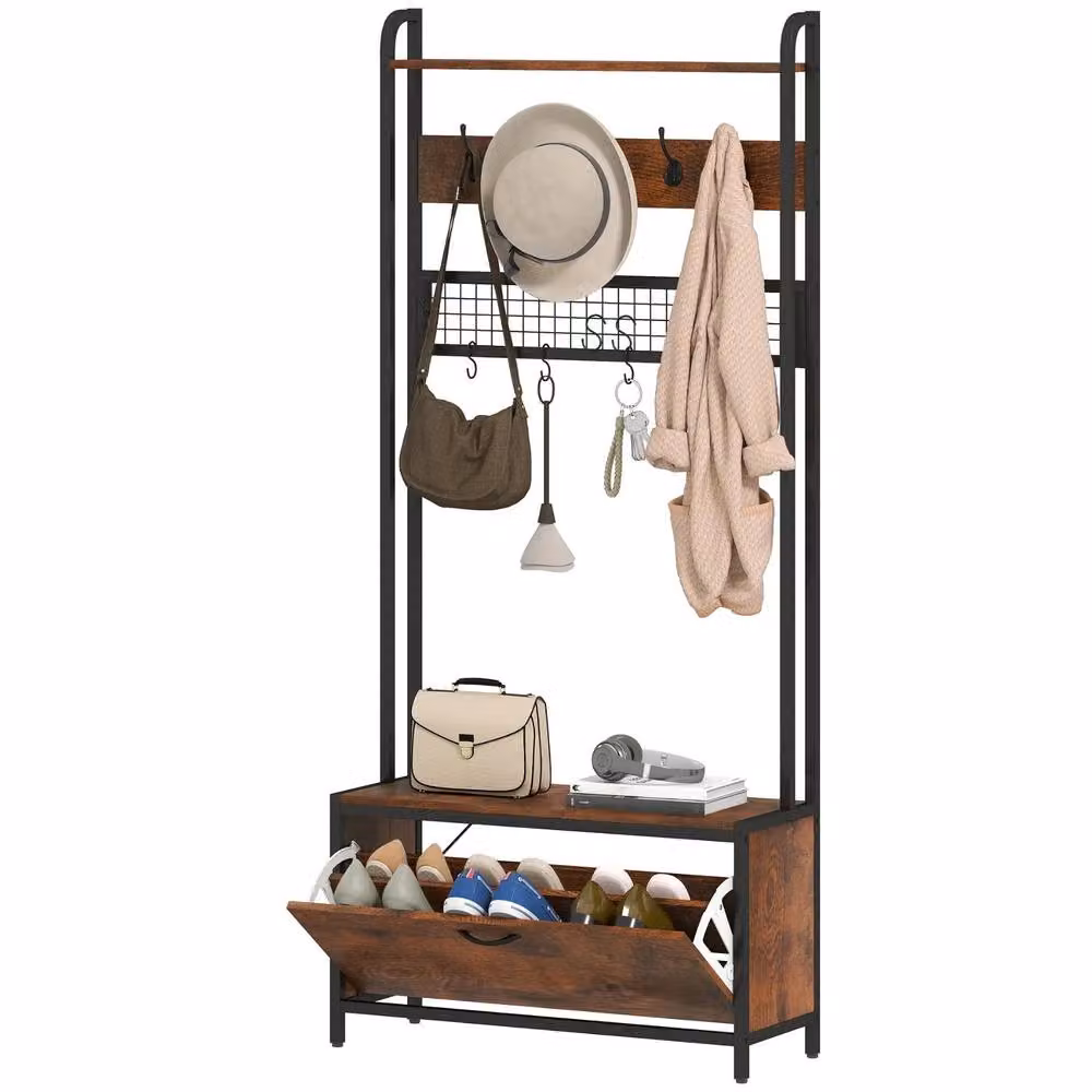 FURNOS Industrial Hall Tree Coat Rack with Bench in Brown, H 180 x W 120 x D 30 cm – 7