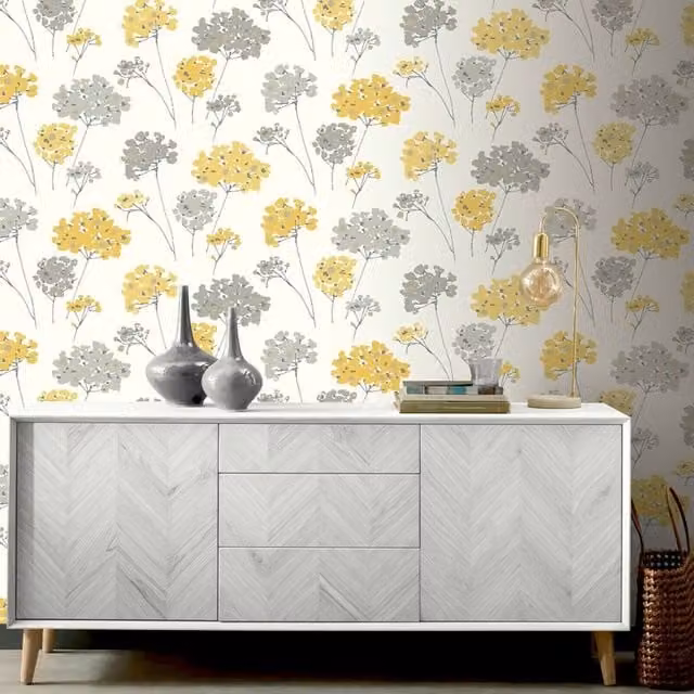 Arthouse Modern Floral Botanical Wallpaper in Yellow, Grey, Silver and White