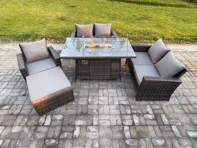 Fimous 6 Seater Rattan Outdoor Garden Furniture Set with Gas Fire Pit Table, Double Seat Sofa, Armchairs and Footstool in Dark Grey
