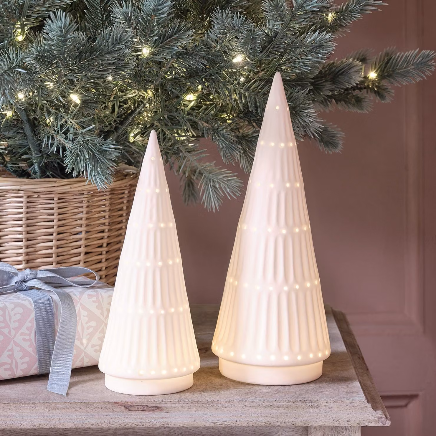 Set of 2 White Ceramic LED Tabletop Christmas Tree Decorations