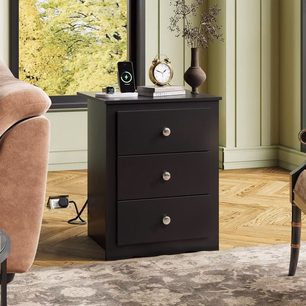 Rolipo 3-Drawer Wooden Bedside Table with Charging Station in Black – 2