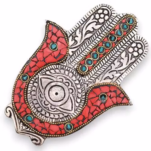 KDMD Red and Green Small Hamsa Metal Incense Holder, W/D/H: 5.5 x 13.0 x 5.5 cm