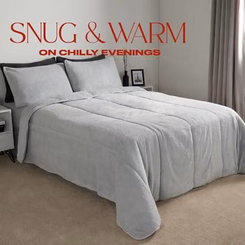 OHS Single Teddy Fleece Coverless Duvet Set with Pillowcase, 10.5 Tog, Silver Grey, W/D/H: 135 x 200 cm – 3