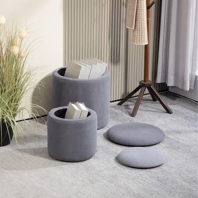 HOMCOM Modern Grey Fabric Cylindrical Storage Ottoman with Removable Top Pad