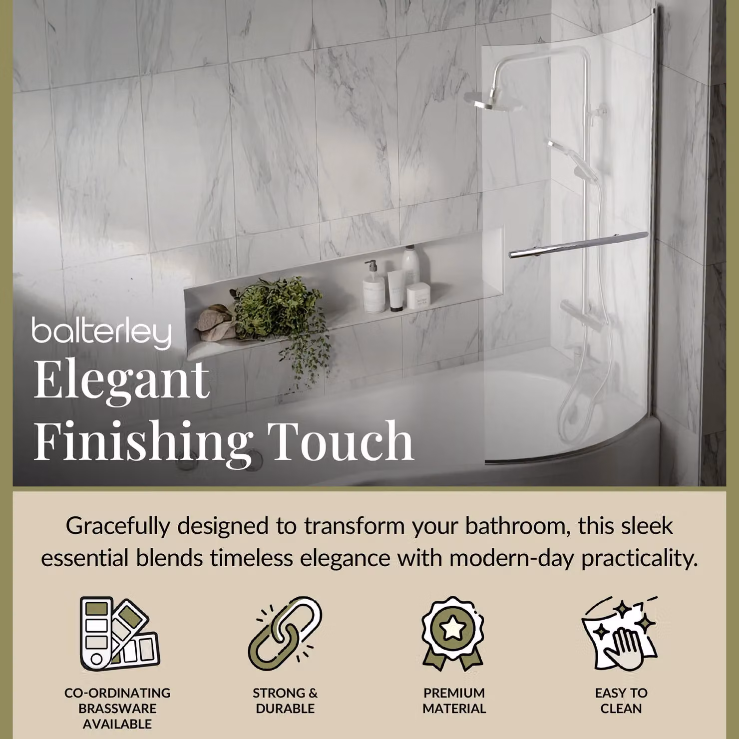 Balterley D-Shaped Reversible B Bath Screen with Towel Rail, Clear 6mm Safety Glass, Silver, W: 83.8 cm, D: 14.33 cm, H: 90 cm – 2