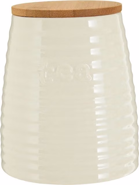 Premier Housewares Winnie Ceramic Tea Canister in White and Beige with Bamboo Lid