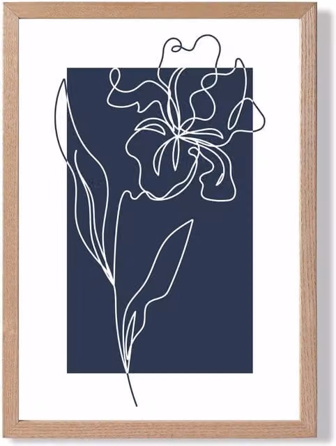 ARTZE Navy Blue and White Floral Line Art Framed Print with Oak Frame, A3