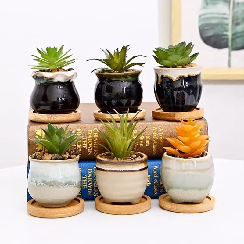 Simpa 6-Piece Mixed Shape Pattern Ceramic Plant Pots with Bamboo Bases in Multicolour – 2