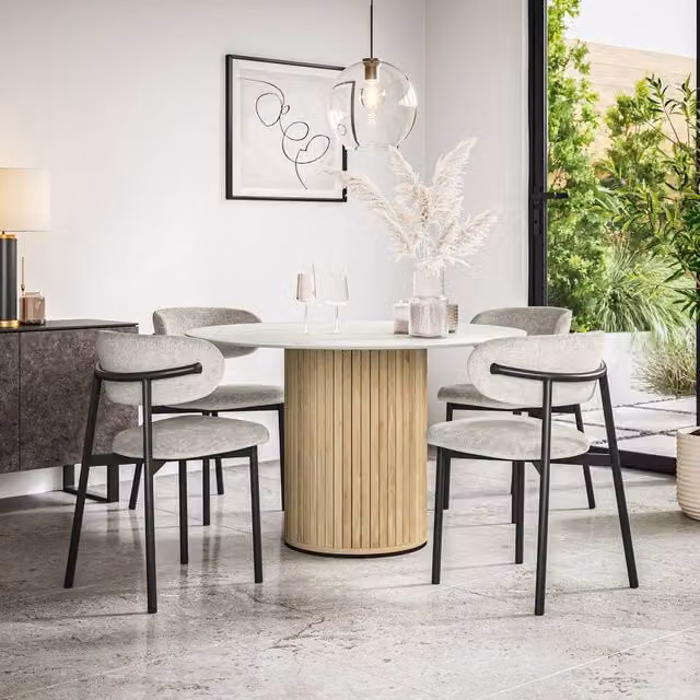 More4Homes Arlo White Marble Top Round Dining Table with Oak Legs and 6 Myla Grey Linen Dining Chairs Set – 1
