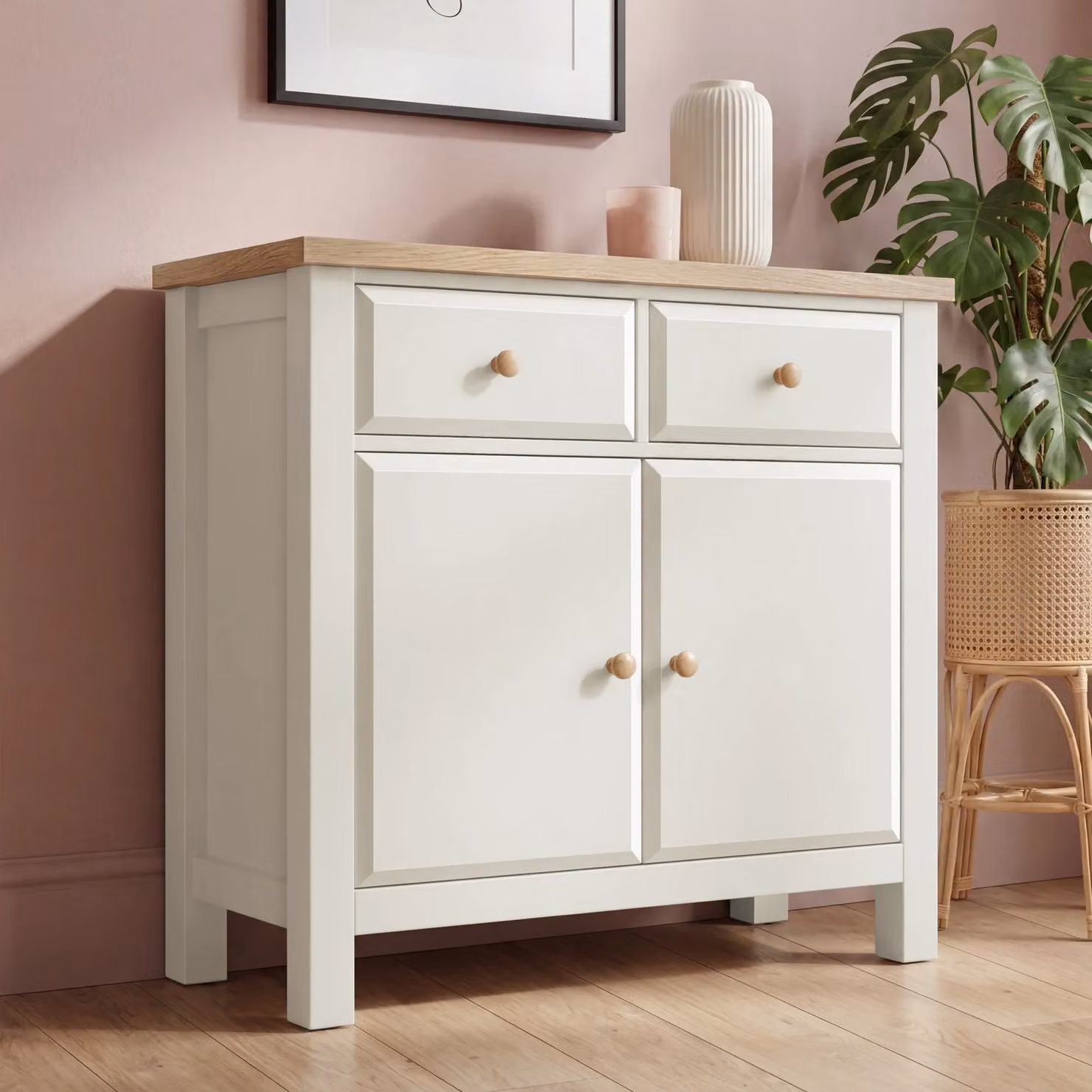 Haven Small White Sideboard with Oak Top and Drawers, W/D/H: 81 x 39.5 x 81 cm