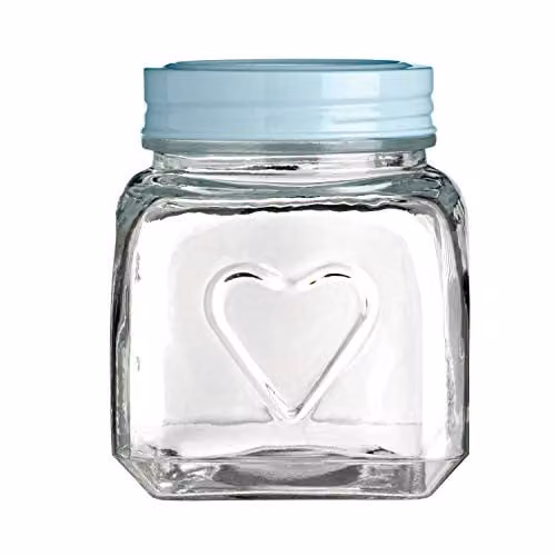 Orsina Embossed Heart Glass Jar with Airtight Blue Lid, 900ml, Transparent – 1