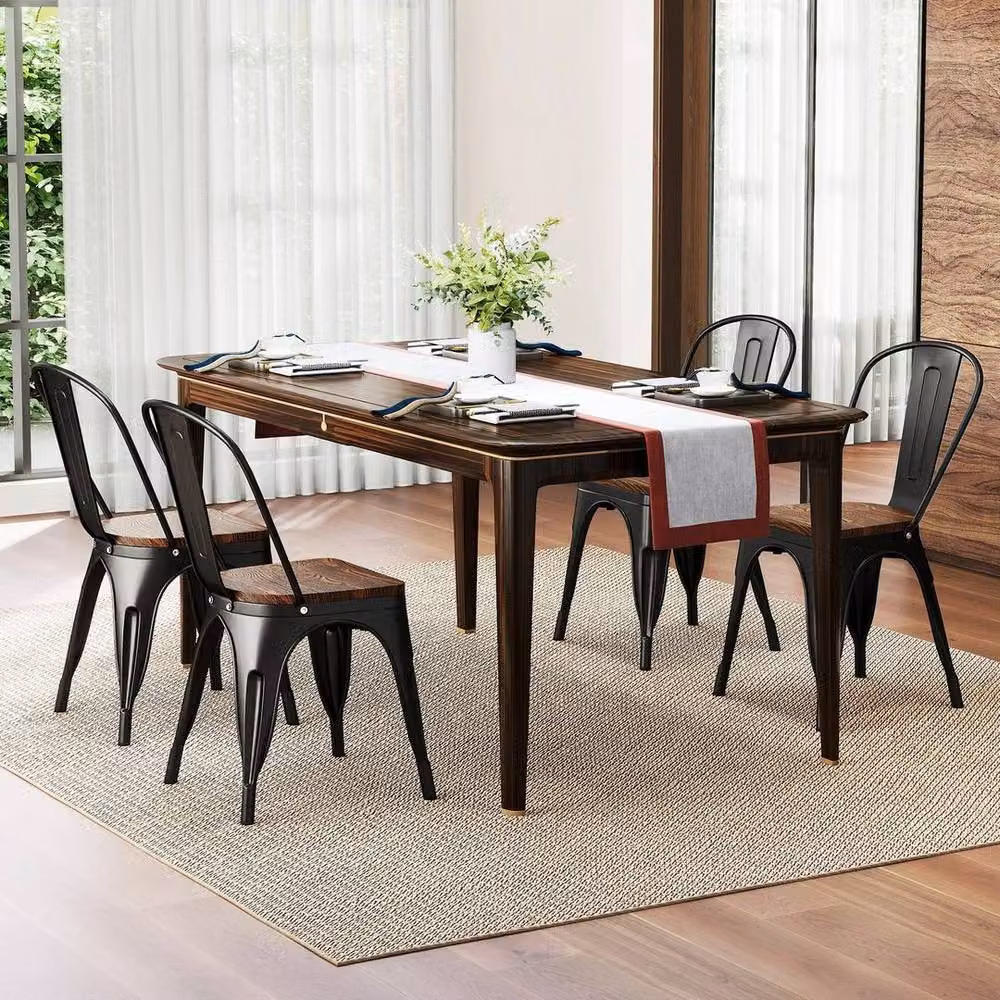 KORVIXA Set of 4 Stackable Industrial Metal and Wood Dining Chairs in Black – 4