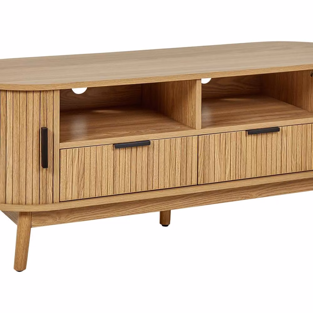 Wyld Haus Classic TV Stand in Light Brown MDF with Solid Pine Legs and 2 Sliding Doors – 2