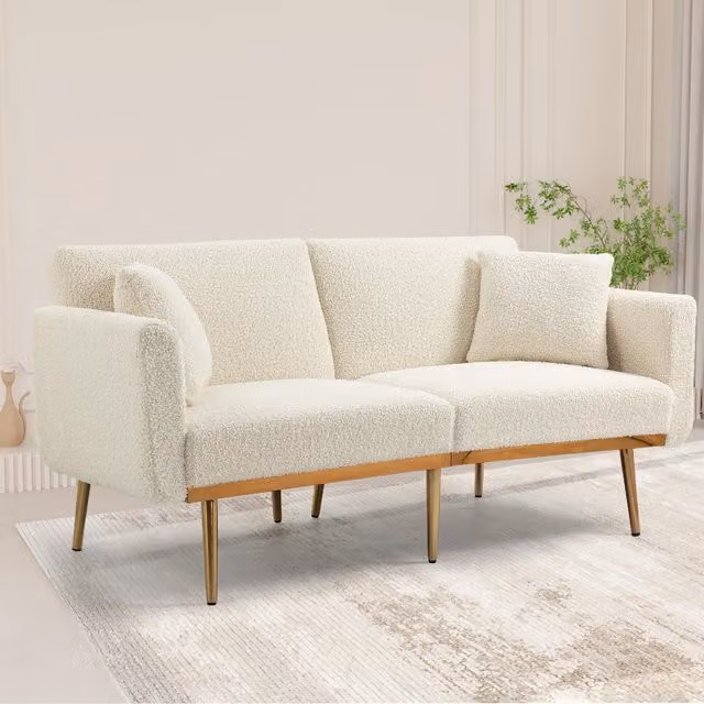 Aosom UK Modern 2-Seater White Teddy Bouclé Sofa with 3-Position Adjustable Backrest and Sleeping Function, W/D/H: 165 x 72.5 x 75 cm