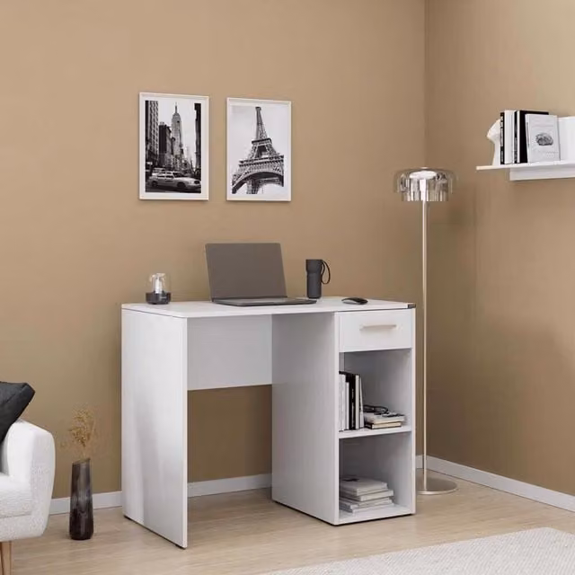 FWStyle Matt White Writing Desk with Drawer and Shelves W: 90 cm, H: 75 cm, D: 52 cm – 1