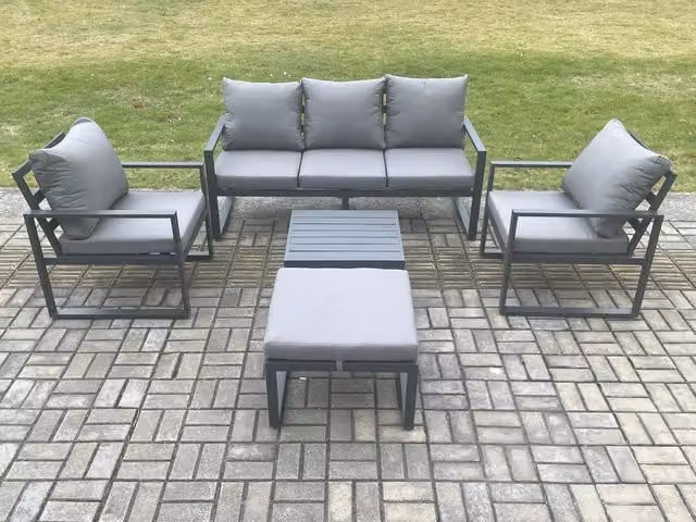 Fimous Modern Powder Coated Aluminium Outdoor Garden Furniture Set in Dark Grey with Lounge Sofa, Two Chairs, Coffee Table and Ottoman