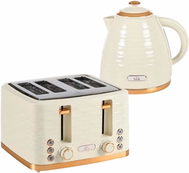 Rolipo Beige Ceramic Kettle and 4-Slice Toaster Set with 2.0L Capacity and Auto Shut-Off – 1