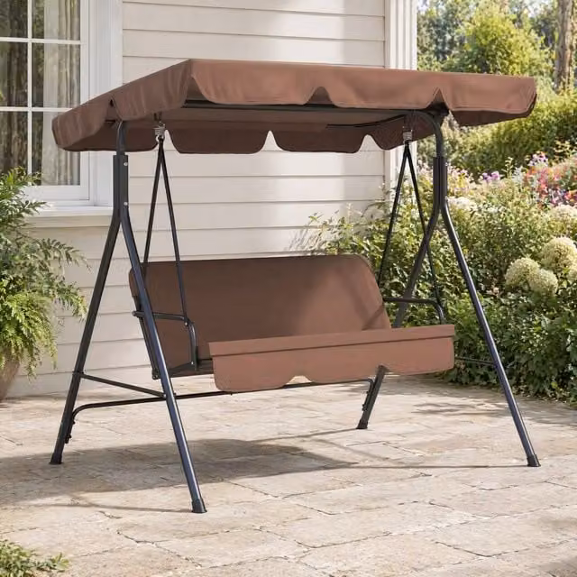 STILVORA 3 Seater Garden Swing Chair with Adjustable Sun Canopy and Cushions in Brown – 1