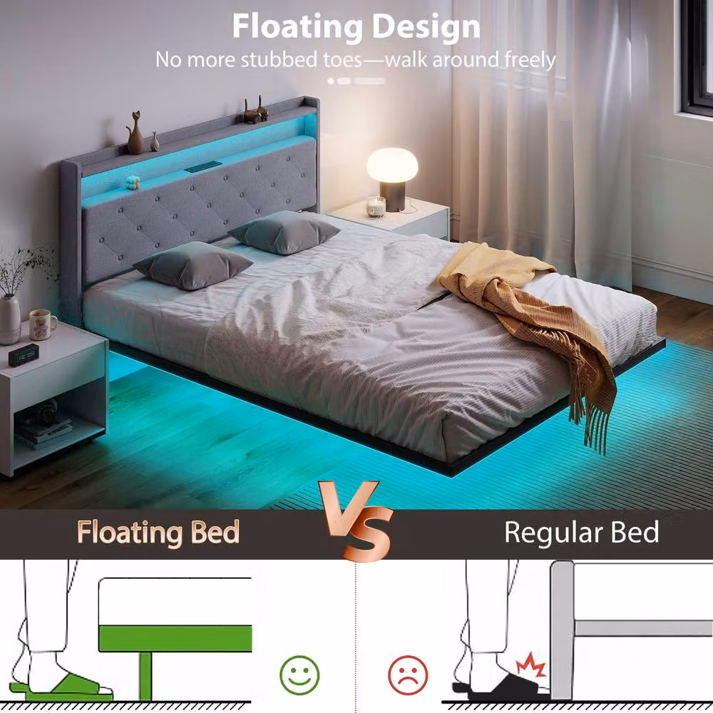 STILVORA Grey Fabric Floating King Bed Frame with RGB LED Under-Bed Lighting, USB Charging Ports and Bedside Shelves, W/D/H: 180 x 200 cm – 4