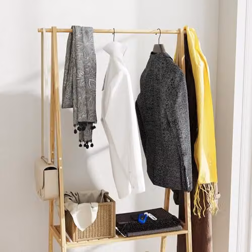 HOMCOM Bamboo Clothes Rail Rack with 2 Storage Shelves in Brown Wood Effect, H 158 x W 84.5 x D 43.5 cm – 5